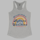 Gray tank top with rainbow design and text on a white background